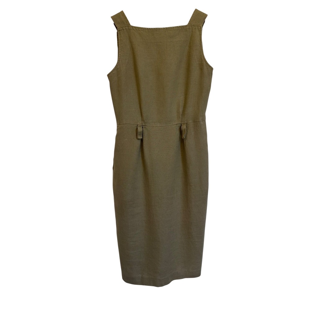 Tweeds Vintage 100% Linen Sheath Dress Khaki Sleeveless USA Sz 8 Career 90s